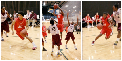 (Left)Mark White (#20) takes the ball to the basket. (Center)Mitchell Burnett (#32) dunking over a D1 recruit. (Right)Randy Azuogu (#37) beating D1 recruit to the rim.