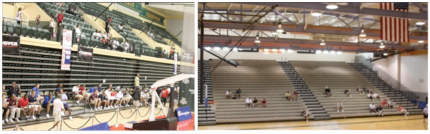 (Left)Hundreds of NCAA coaches watched the Red Shirts win. (Right)NCAA coaches watching Red Shirts at the Adidas Super 64 in Las Vegas.