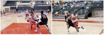 (Left)Alec Savage (#5) beating D1 recruit to the basket for two. (Right)Branden Stiles (#4) takes New York defense to the basket.