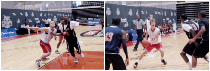 (Left)Sophomore, Tony Fabiano (#50), defends top ranked D1 recruit. (Right)Austin Cooke (#31), sophomore, scored 22 against top NY team in loss.